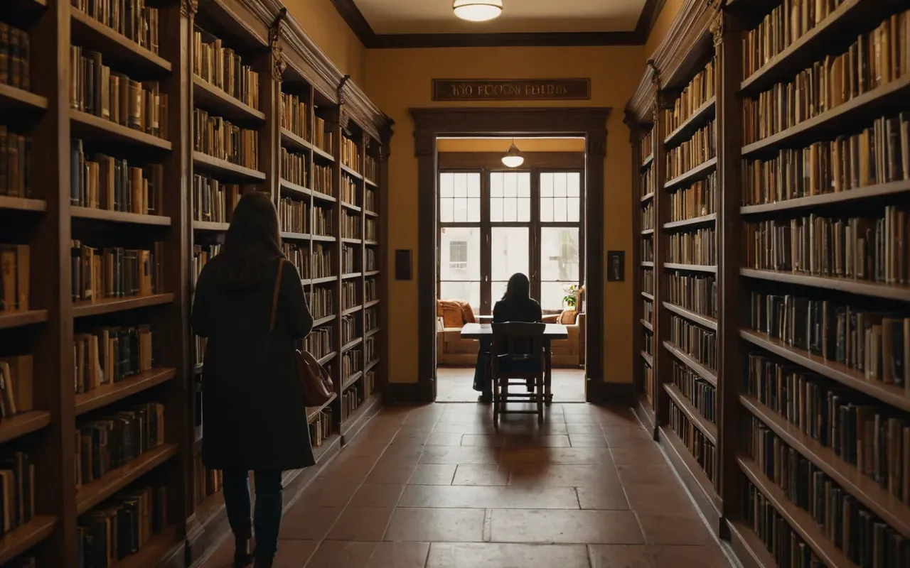 library setting A cozy library interior with warm lighting and wooden shelves where a woman is organizing books while another person watches from the doorway.