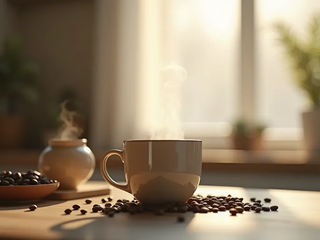 A cozy modern kitchen counter with a steaming ceramic mug, a scattered pile of loose coffee beans, and soft morning light filtering through a sheer curtain, capturing a quiet moment of daily routine