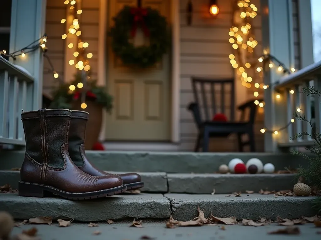 A front porch decorated for a holiday season with white lights and green wreaths. In the corner of the step sits an old rusted boot and a small animal bone that blends into the rustic wood floor.