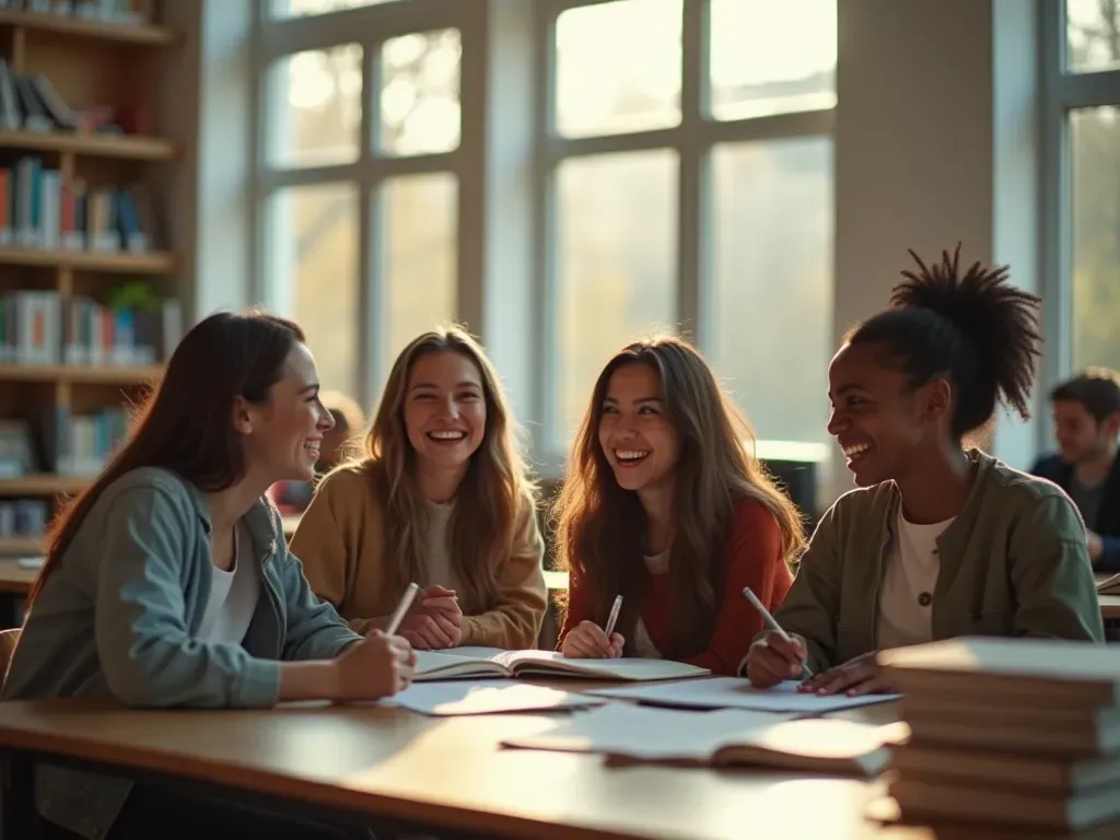 A group of diverse university students laughing together in a modern library study area with natural sunlight streaming through large windows creating cheerful atmosphere.
