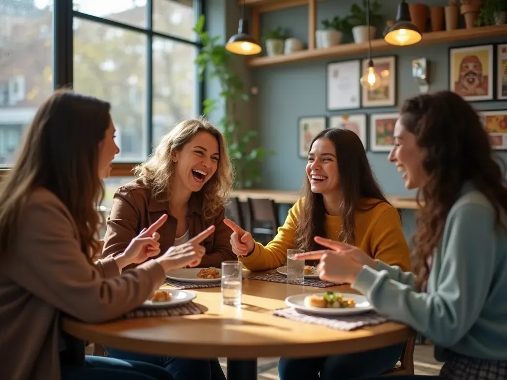 A group of four friends sitting around a round wooden table in a bright modern cafe. They are laughing and pointing at each other. Their faces show genuine amusement and joy. The background is blurred with soft bokeh lights from the windows. No text or words appear on any objects.