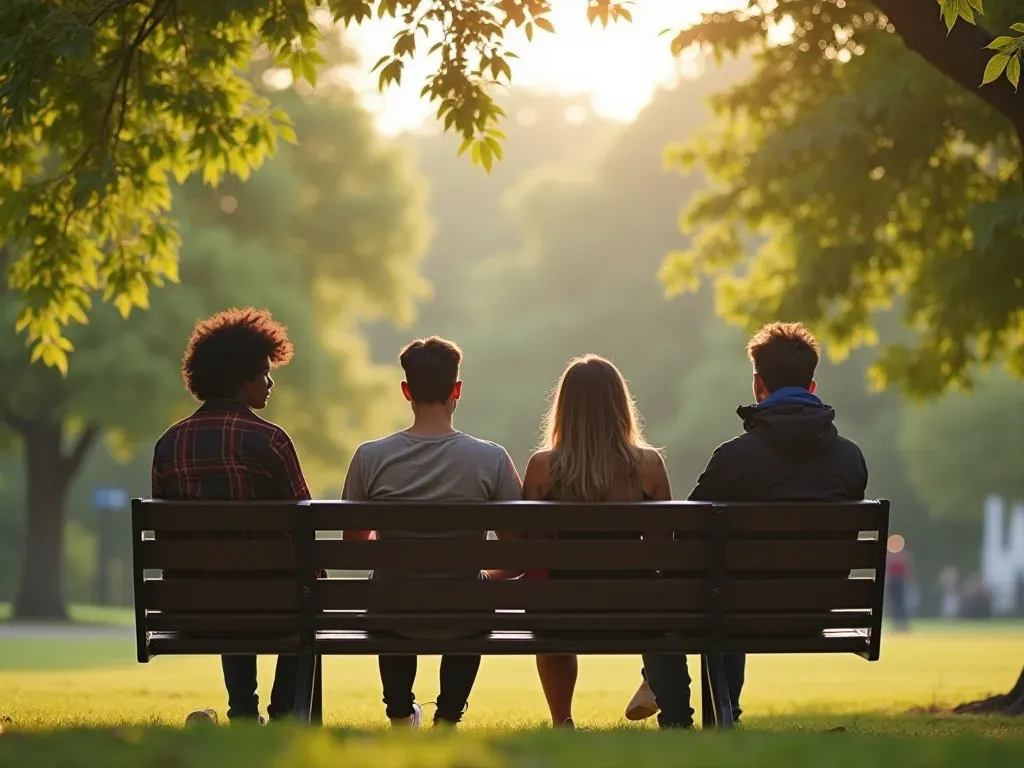 A group of friends sitting on a modern bench in a park with soft afternoon light and green trees in the background