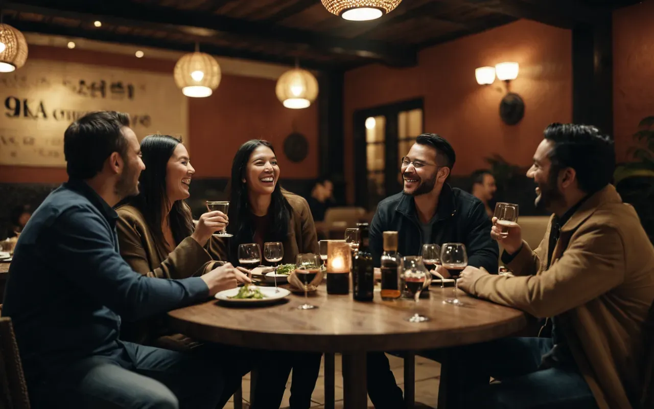 A group of people sitting at a round table in a dimly lit restaurant. They are holding glasses and laughing together with relaxed postures and warm ambient light reflecting off the glassware.