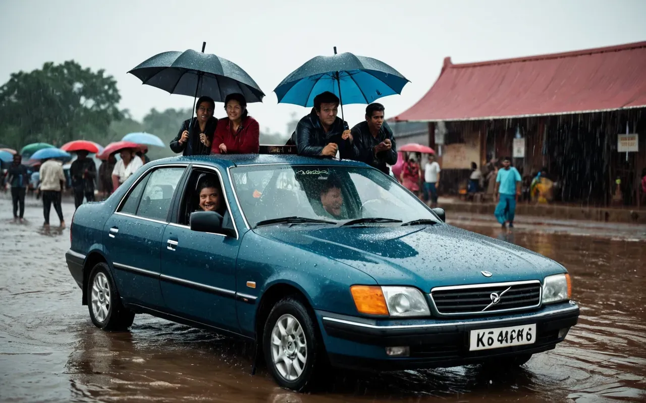 A group of people sitting on the hood of a car in shallow water during heavy rain. They are holding umbrellas that are turning inside out in the wind. Their body language is relaxed and they appear to be talking calmly despite the wet conditions around them.