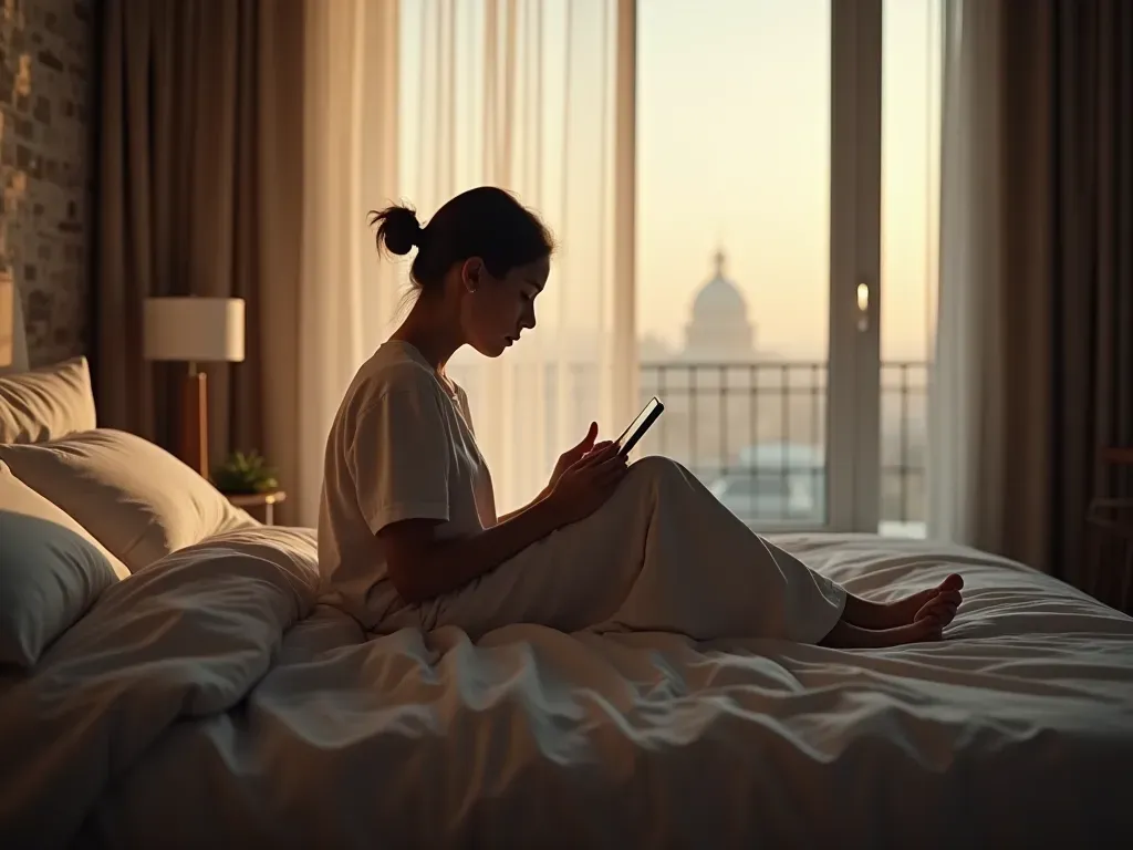 A modern bedroom with a person sitting on the edge of the bed holding a smartphone in soft evening light and neutral bedding tones