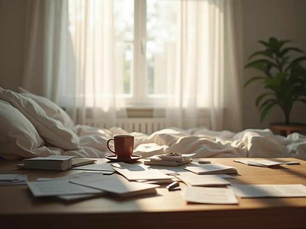 A modern minimalist bedroom with a messy desk and scattered papers, soft morning light coming through sheer curtains, neutral tones