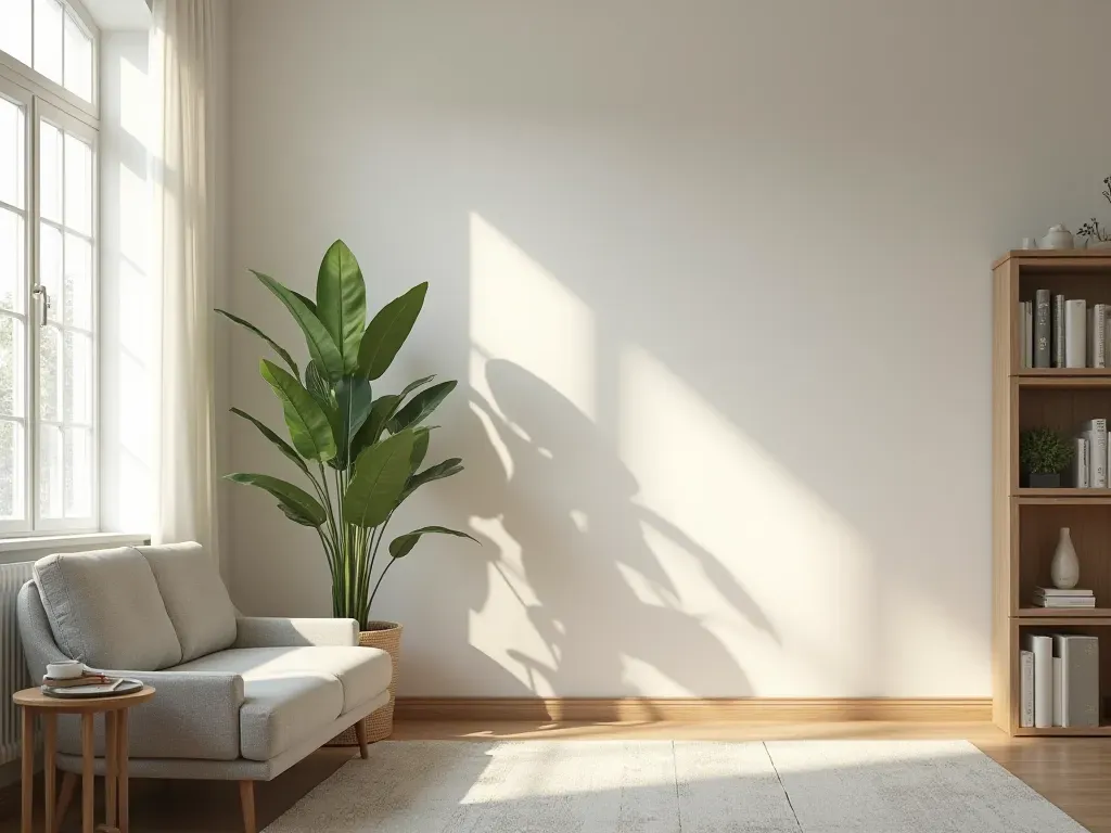 A modern minimalist living room with a single plant and soft natural light, clean lines and neutral furniture tones
