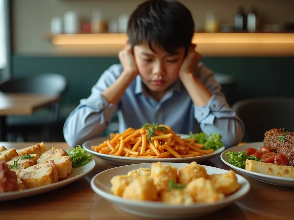 A modern restaurant table with three large plates of food. A person is sitting at the table looking overwhelmed by the amount of food.
