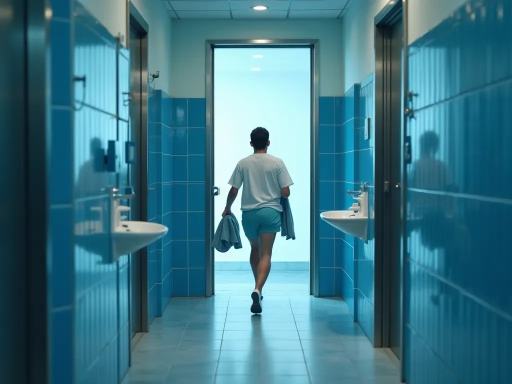 A modern restroom interior with bright blue tiles and stainless steel fixtures. A person is running toward the door while holding a towel.