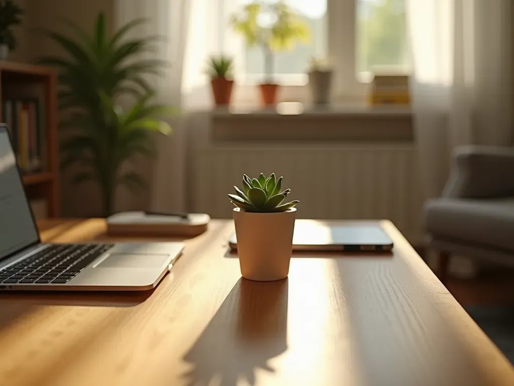 A neatly organized workspace with a wooden desk, a single potted succulent, a closed laptop, and warm afternoon sunlight casting long shadows across a clean carpet, suggesting calm and focus