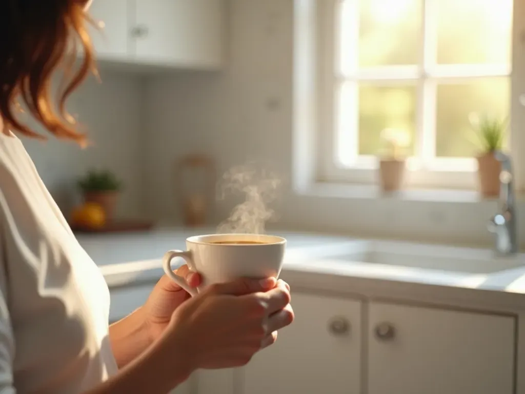 A person holding a coffee cup with steam rising in a bright modern kitchen with white cabinets and soft morning light