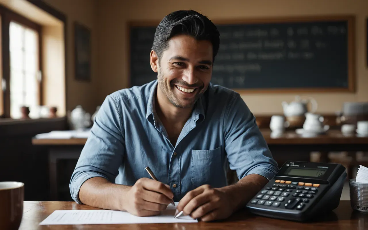 daily struggles A person sitting at a desk with papers and a calculator looking overwhelmed but smiling slightly while holding a cup of tea.