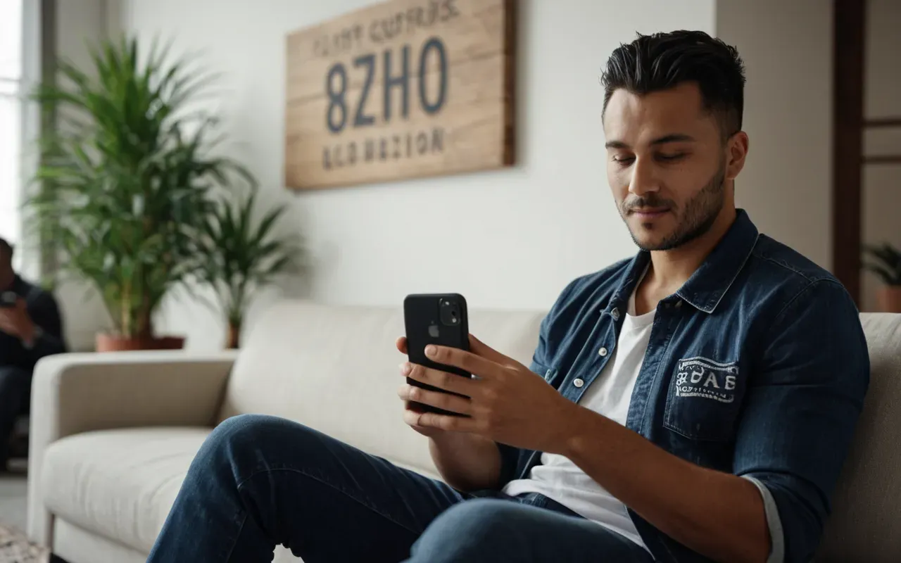 A person sitting on a modern sofa holding a smartphone with a relaxed expression while soft natural light fills the room and a potted plant sits nearby.