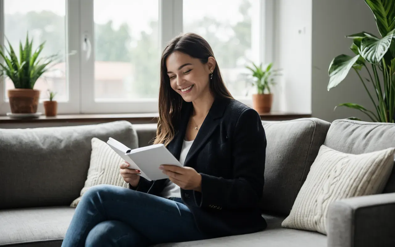 relaxing creative moment A person sitting on a modern sofa holding a small sketchbook while smiling softly at the page in a bright living room with large windows and houseplants nearby. No text is visible.