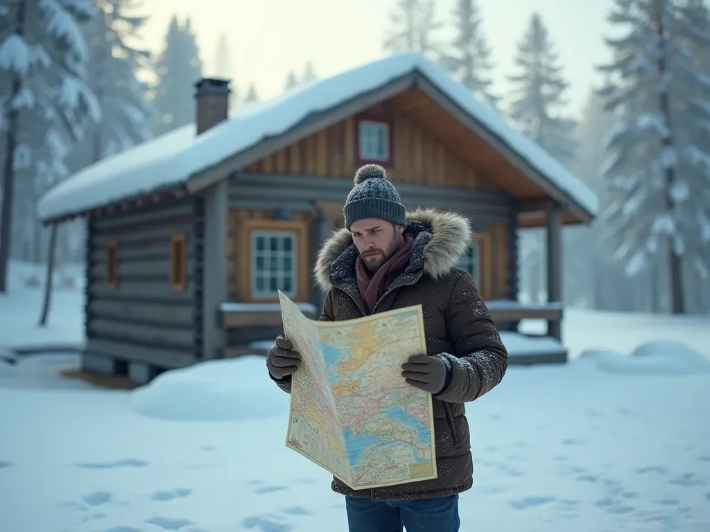 A person standing in front of a small rustic cabin in a snowy landscape looking confused and holding a map.
