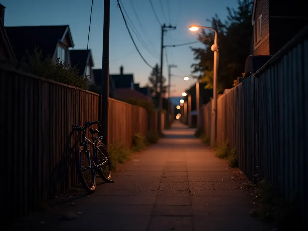 A quiet suburban street at dusk with soft streetlights glowing, a single bicycle leaning against a wooden fence, and a calm sky shifting from orange to deep blue, suggesting peaceful evening transition