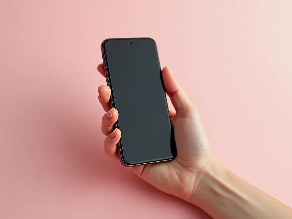 A serene close-up of a hand holding a smartphone with the screen turned off, resting against a soft pastel background. The composition is minimal and calming, highlighting the concept of taking a break from technology and finding peace in simple digital interactions.