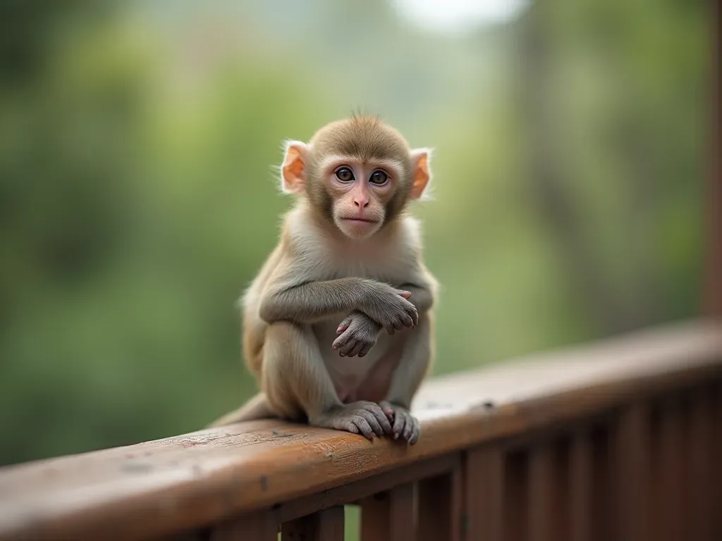 A small monkey sitting on a wooden deck railing looking directly at the camera with its arms crossed in a playful pose.