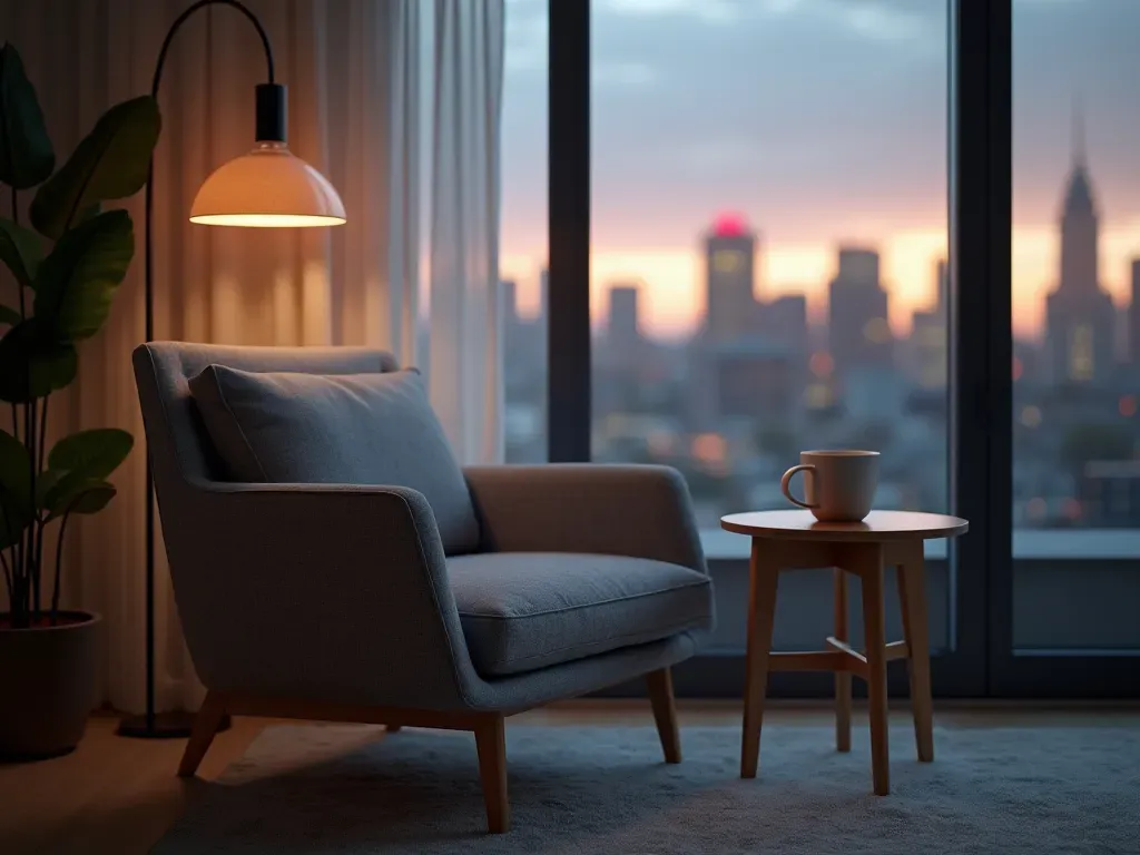 A softly lit modern living room with a comfortable gray armchair, a wooden side table holding a ceramic mug, and large windows showing a blurred city skyline at dusk. Warm ambient lighting, neutral tones, calm atmosphere, no people, no text or signage visible.