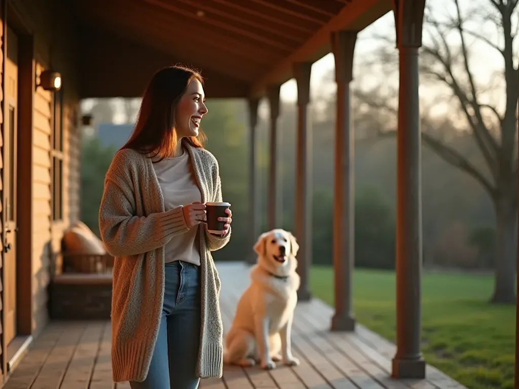 A woman standing on a wooden porch holding a coffee mug. She is laughing while looking at a large white dog sitting in the yard below her. The scene is warm and golden hour lighting.