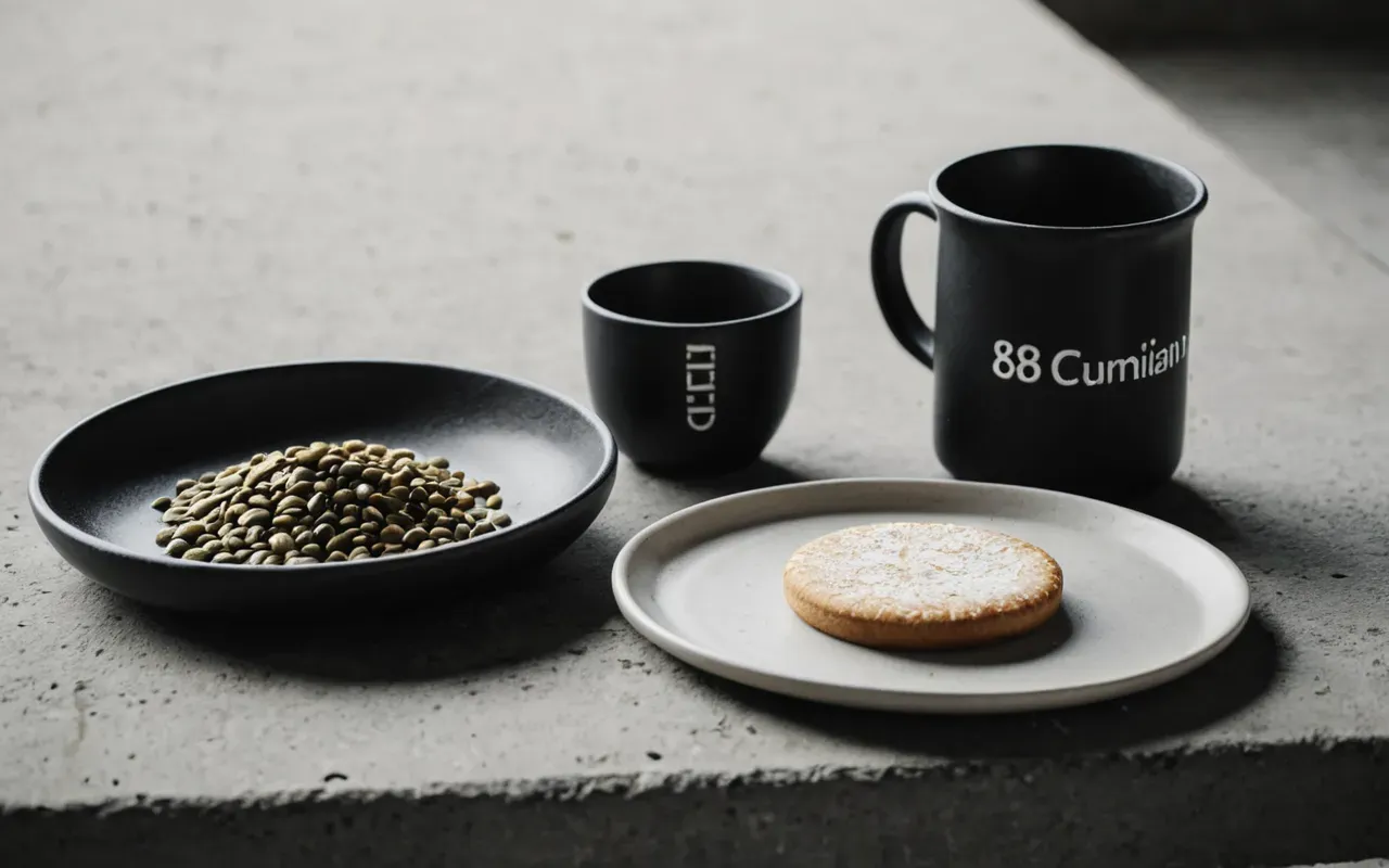 Clean editorial still life of ceramic dishware on a concrete surface, diffused soft light, monochrome neutral tones, minimalist composition