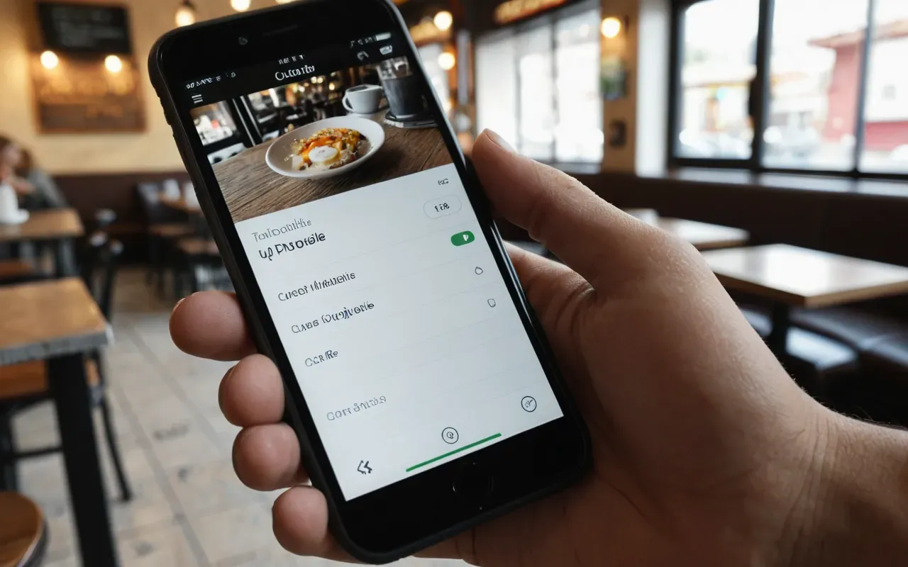 Close-up of a person's hands holding a smartphone with a cracked screen in a modern cafe setting, soft focus background, natural lighting