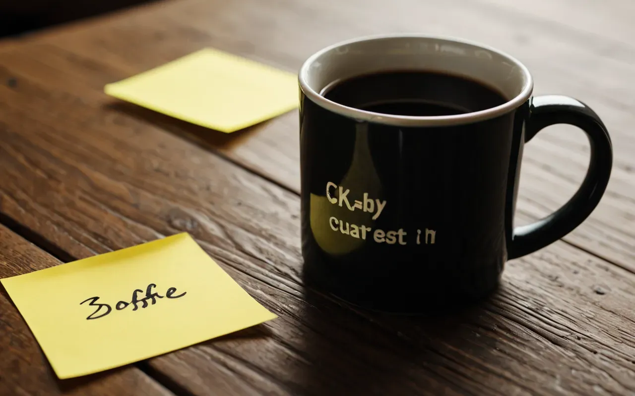 Close-up photograph of a ceramic mug tipped on its side with coffee spilled across a light wooden desk surface next to a slightly bent yellow sticky note and the corner of a black keyboard, soft window daylight from the left, shallow depth of field