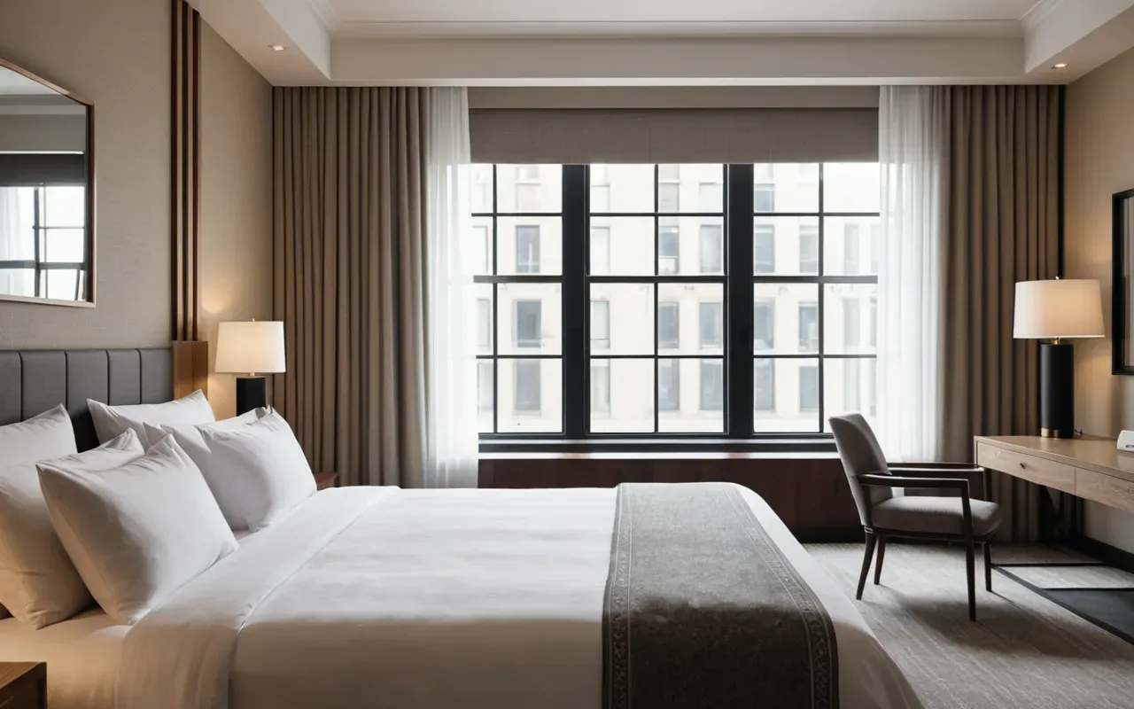 Interior of a modern boutique hotel suite with made bed, neutral linens, and large windows, soft morning light, clean editorial style