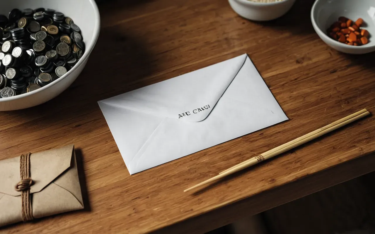 Overhead flat-lay photograph of a light wooden kitchen countertop scattered with rubber bands, two AA batteries, one bamboo chopstick, an unopened paper envelope, and the corner of a stainless-steel kettle, soft diffused natural daylight from a window above, clean minimal composition