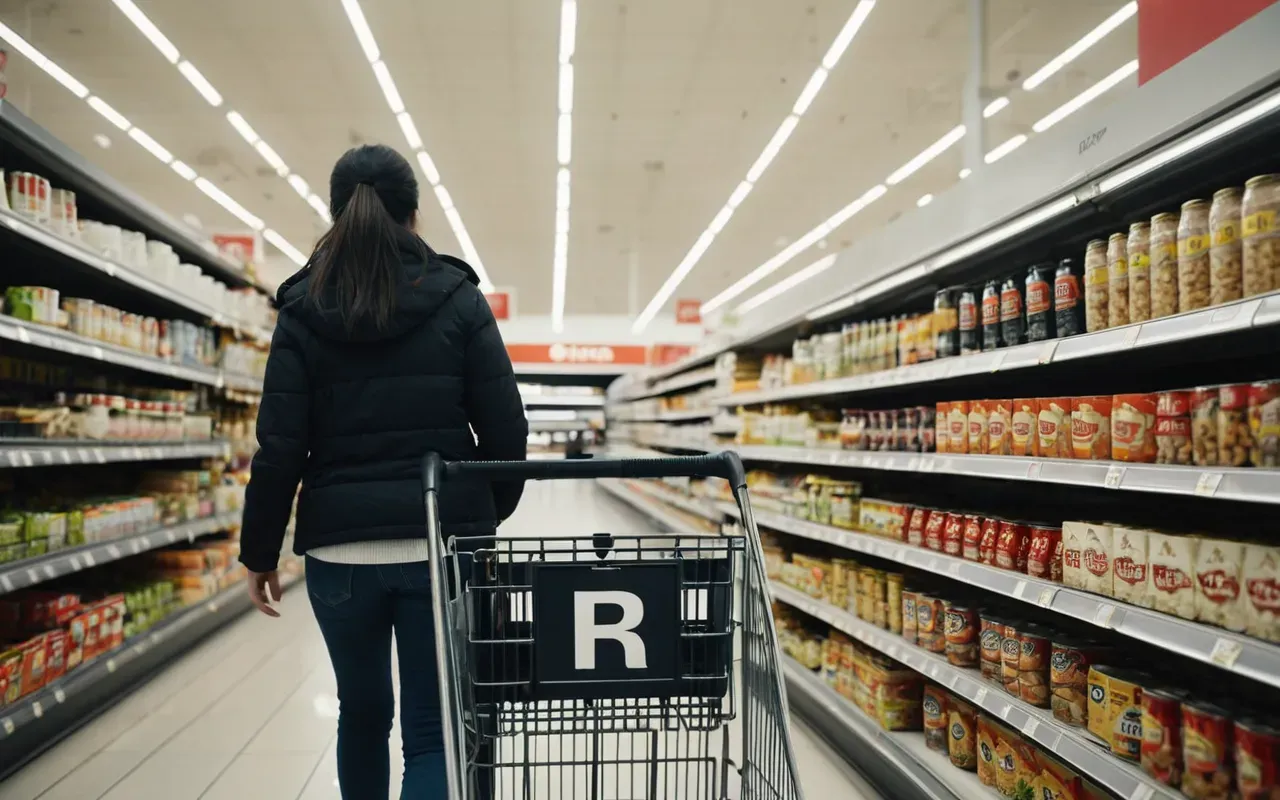 Side-angle photograph of a woman pushing a metal shopping cart through a bright supermarket aisle with shelves stocked with plain cereal boxes and canned goods, one frozen pea bag visible in her hand, natural fluorescent overhead lighting, candid composition