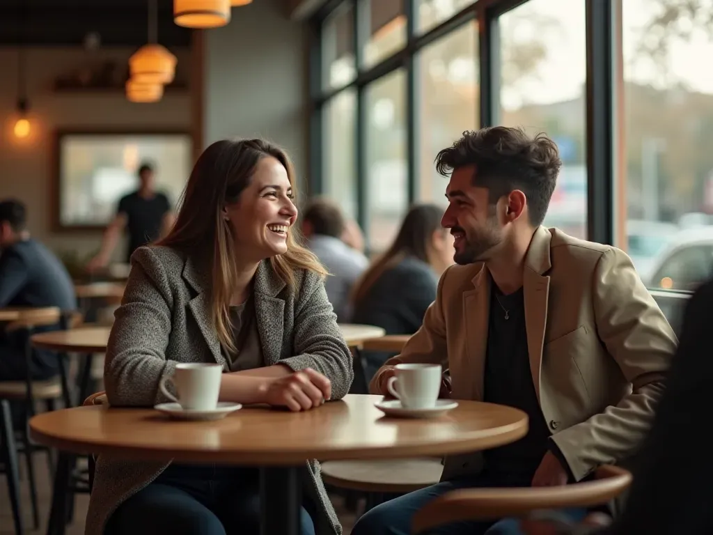 Two people laughing together in a modern cafe with large windows and wooden tables, warm indoor lighting, candid photography style