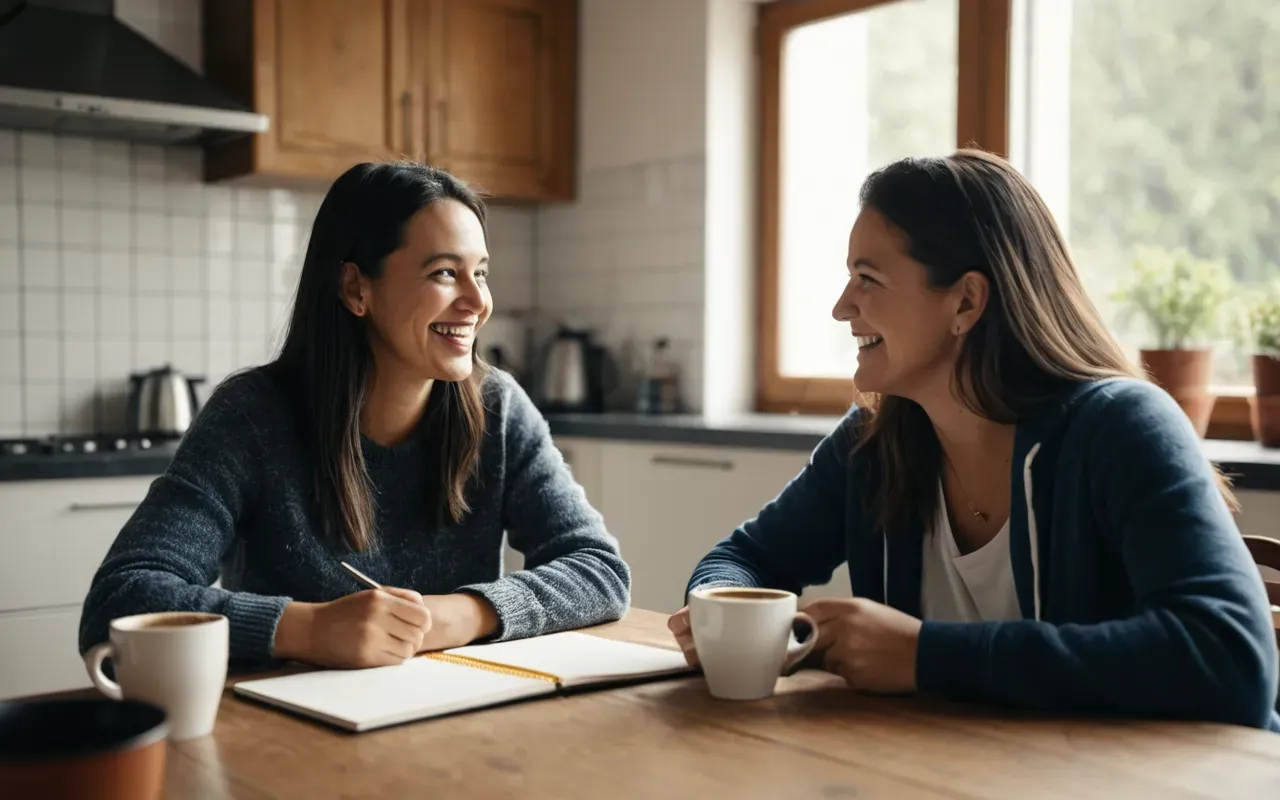 petty scheming Two people sitting at a kitchen table with coffee cups and notebooks, smiling mischievously as they plan a scheme in bright morning light.