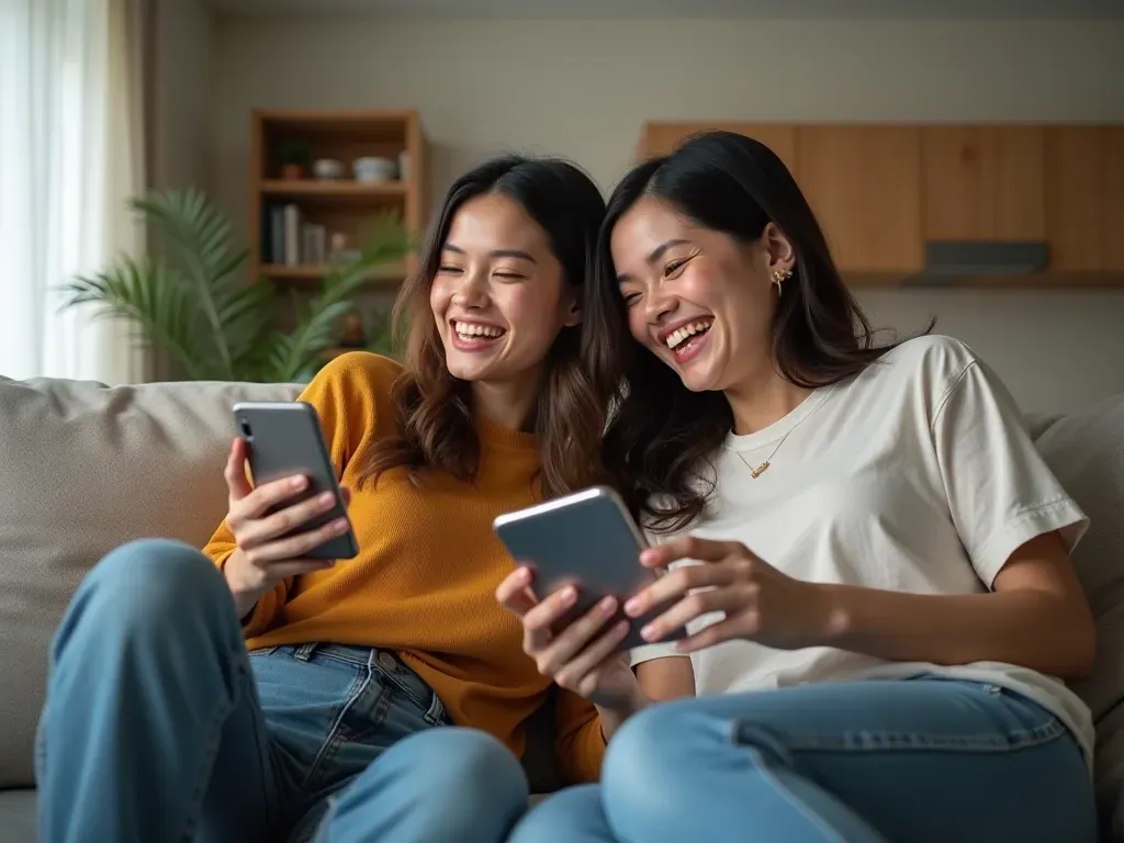 Two smiling individuals sitting on a modern sofa in a bright living room, holding smartphones and laughing together. The atmosphere is warm and relaxed, with soft natural light coming from a large window, capturing the essence of shared joy and friendly connection without any visible text or branding.