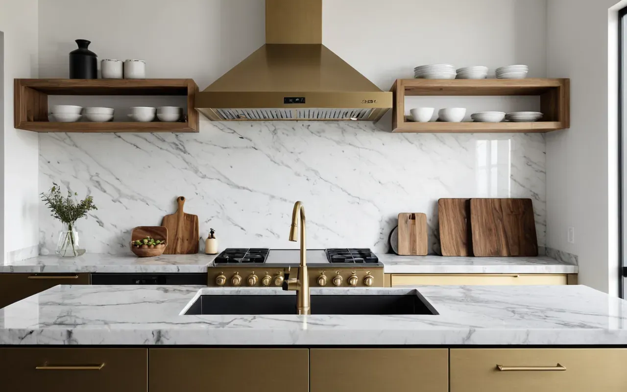 Wide shot of a modern minimalist kitchen interior with marble countertops, brushed brass fixtures, soft natural daylight, editorial photography