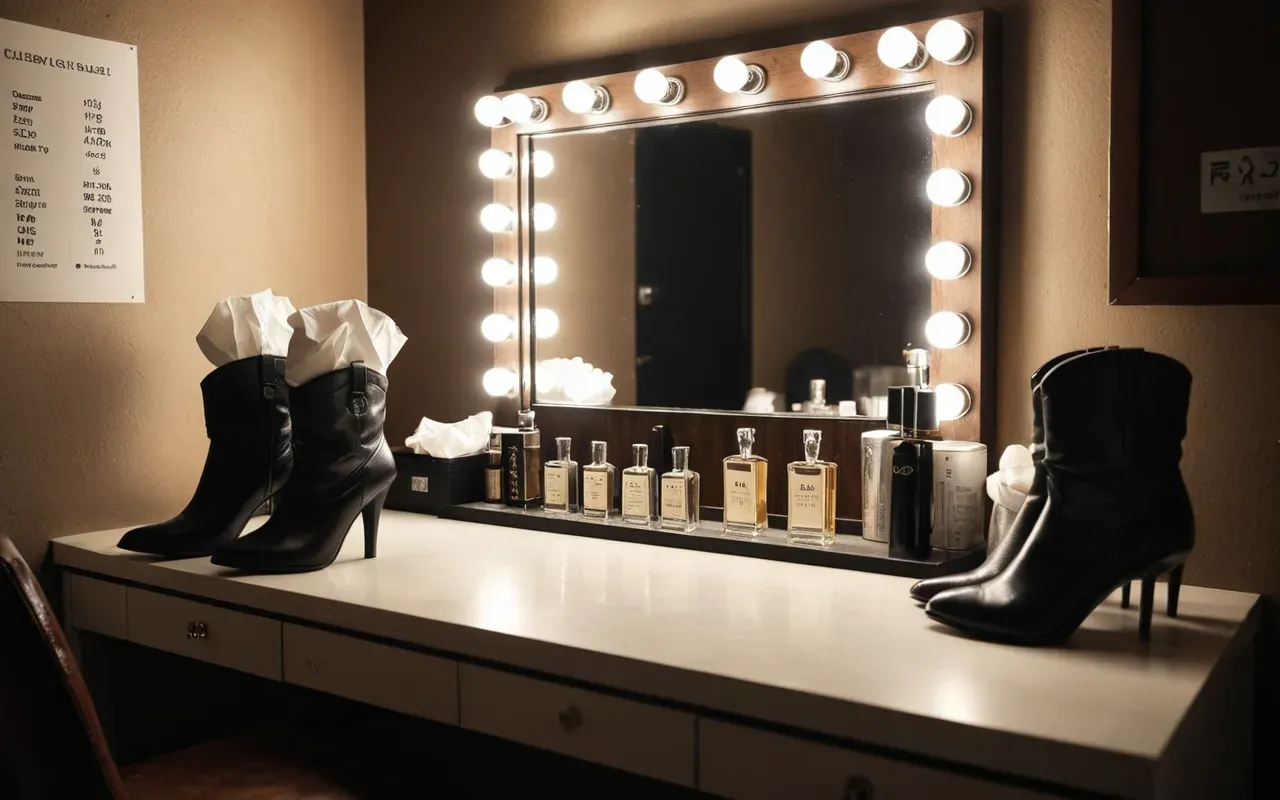 A bright backstage dressing room with a single spotlight on a messy vanity table holding empty perfume bottles and crumpled tissues. A pair of high-heeled boots sits upside down near the mirror, reflecting warm golden light in a candid, chaotic atmosphere.