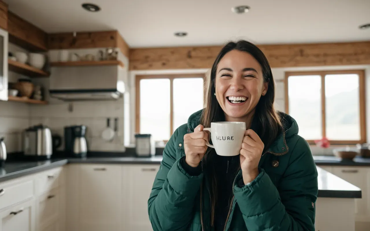 A bright modern kitchen with a person laughing while holding a mug of coffee. The scene is candid and joyful, capturing a moment of spontaneous happiness in a domestic setting without any written words.