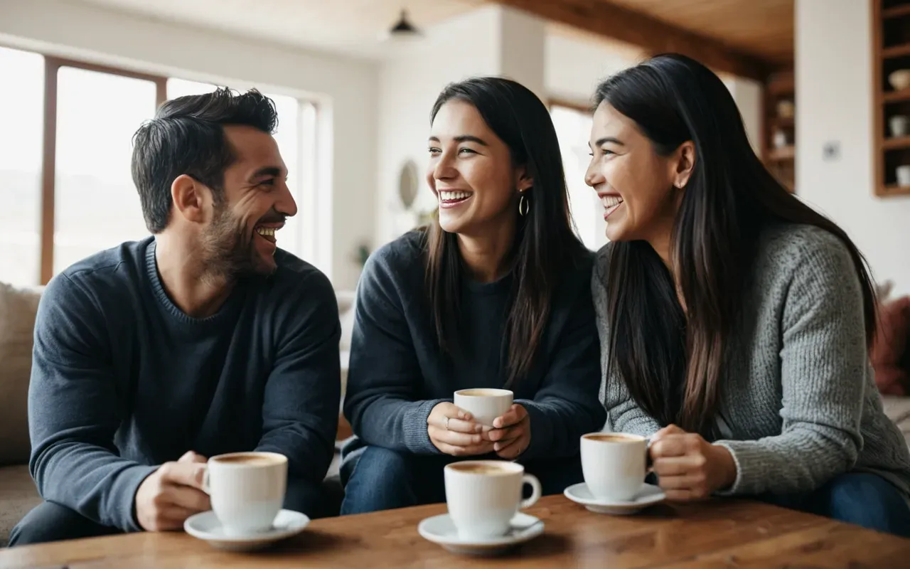 A bright modern living room with a comfortable sofa where two friends are laughing together holding coffee cups.