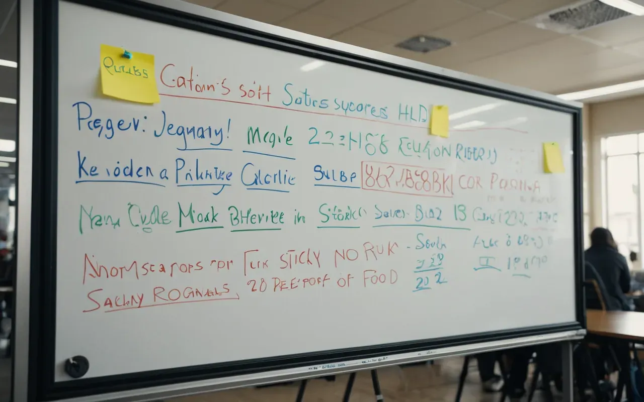 A bright open space with a large whiteboard covered in colorful marker drawings and sticky notes arranged in a chaotic pattern.