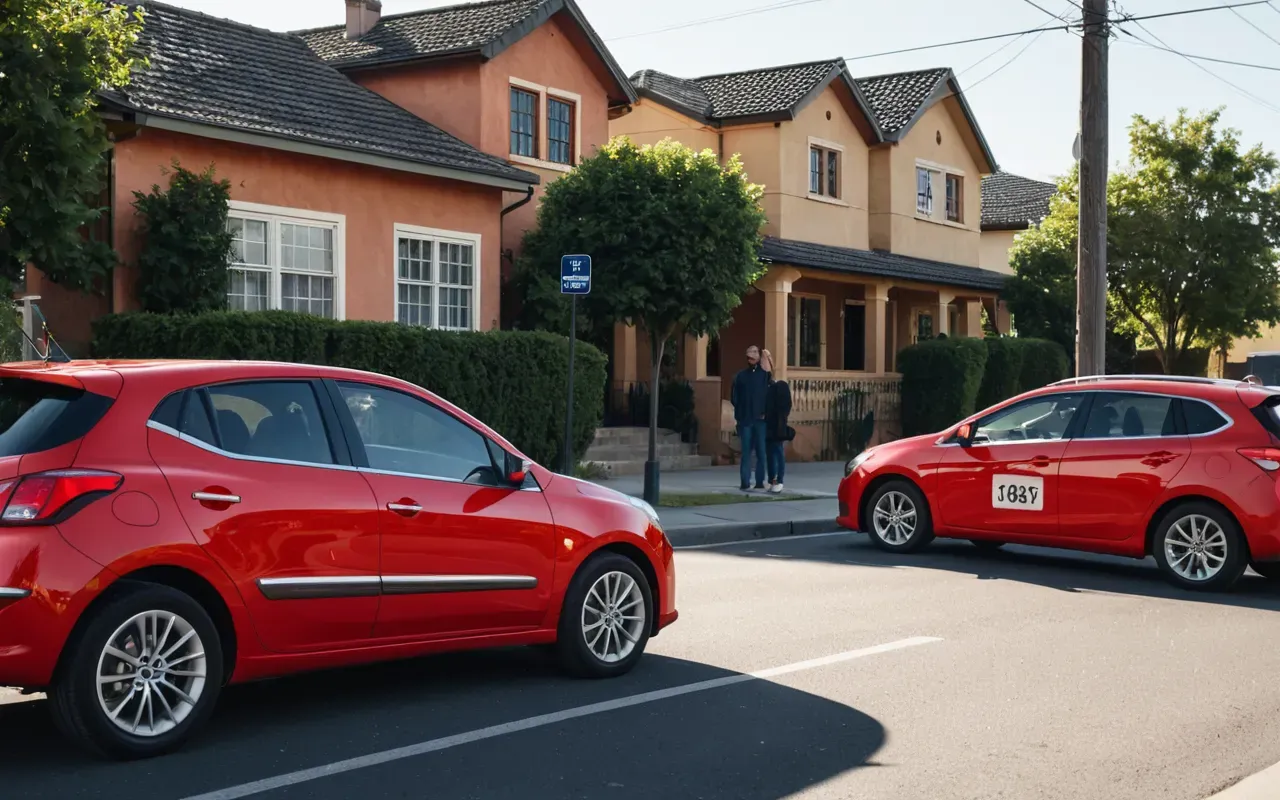 A bright red compact car parked on a quiet suburban street with sunlight reflecting off its glossy paint and two people standing nearby looking confused.