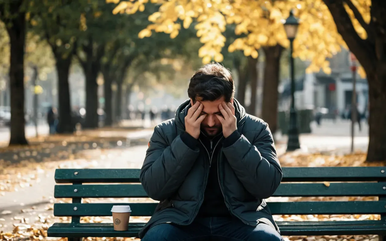 A candid shot of a person sitting on a park bench with their head in hands, surrounded by scattered leaves and a dropped coffee cup, soft afternoon light creating a melancholic yet funny mood