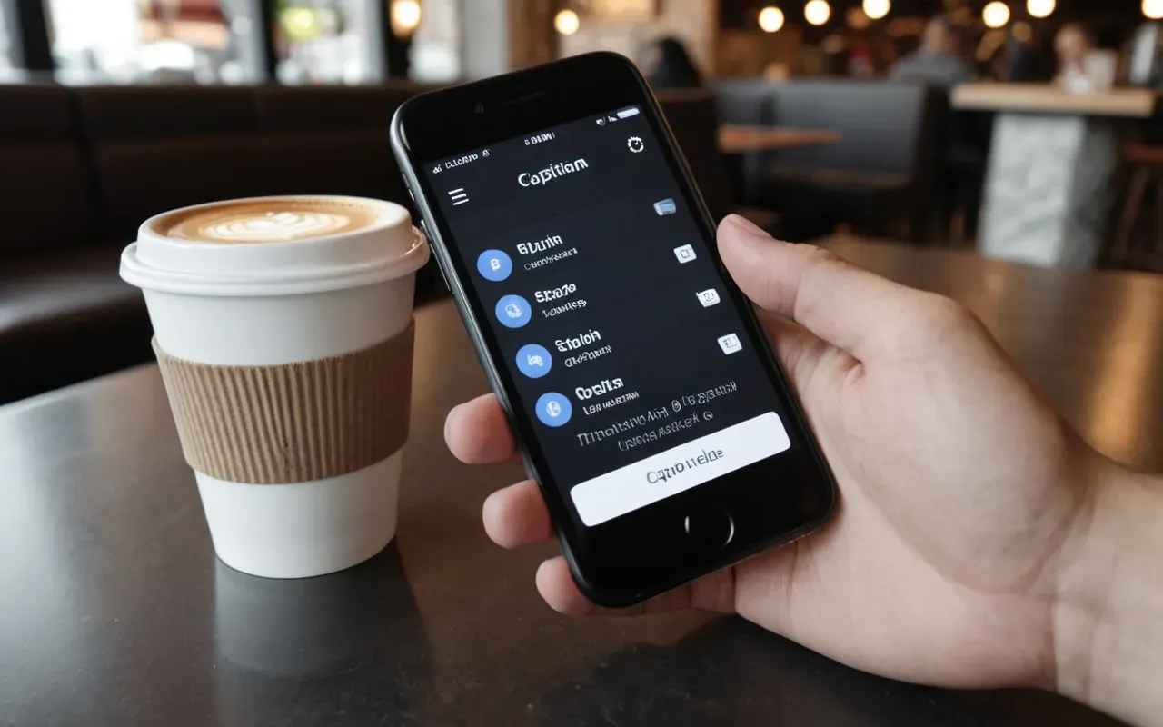 A close up of a hand holding a smartphone over a coffee cup in a modern cafe setting. The focus is on the fingers and the ceramic surface with soft blurred background elements.