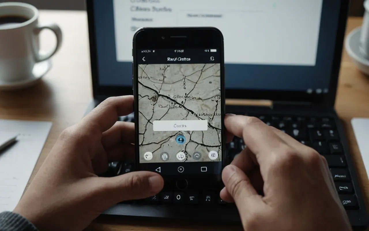 A close-up of a person’s hands holding a smartphone with a cracked screen, typing quickly on the keyboard while sitting at a cluttered desk with coffee stains and scattered papers
