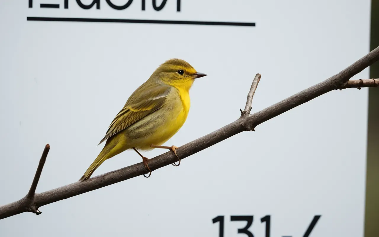A close-up of a simple line drawing on white paper showing a small yellow bird perched on a branch with soft natural light and no text.