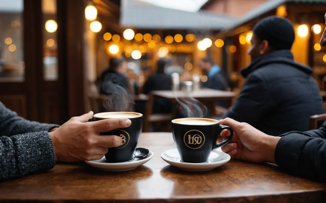 A close-up of two hands holding a cup of steaming coffee and laughing together at a small wooden cafe table. The background is softly blurred with warm bokeh lights creating a cozy intimate atmosphere.