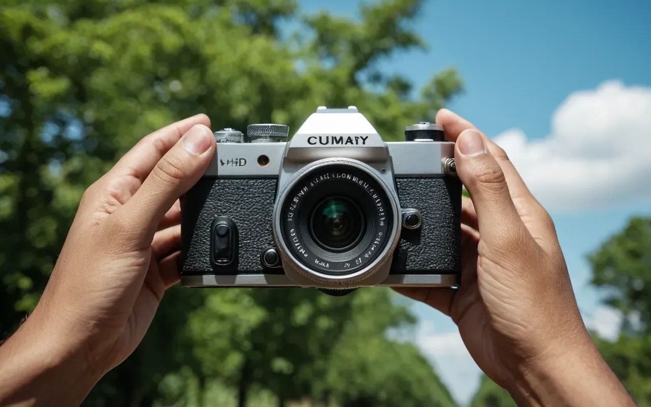 A close-up of two hands holding a small camera with a slightly tilted angle capturing a blurry background of green trees and blue sky suggesting a candid moment.