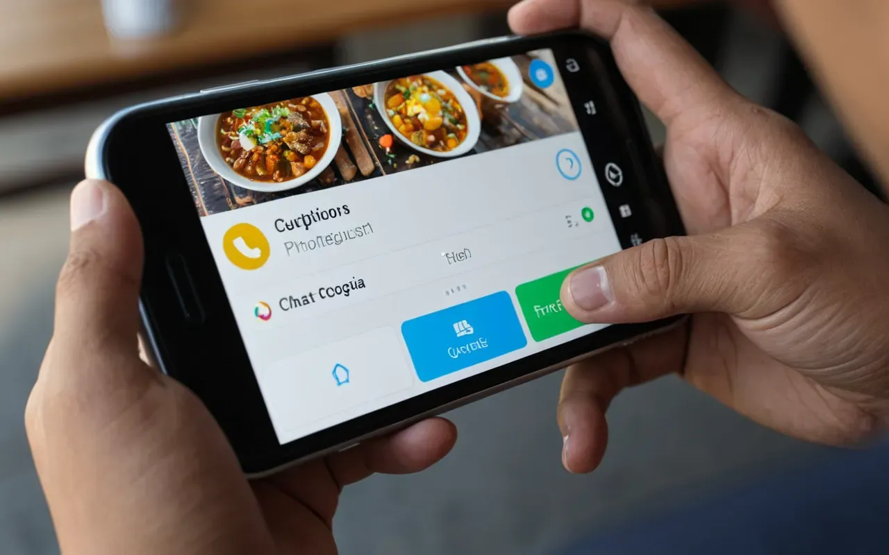 A close-up of two hands holding a smartphone displaying a chat app interface. The screen is blurred but shows colorful speech bubbles indicating an active conversation. Warm indoor lighting highlights the relaxed posture of the person.