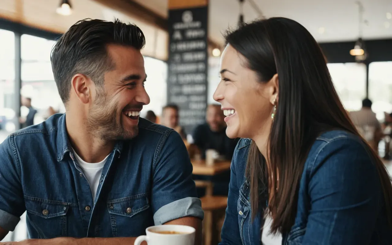 A close-up of two people laughing together in a bright modern cafe setting with soft natural light and blurred background details.