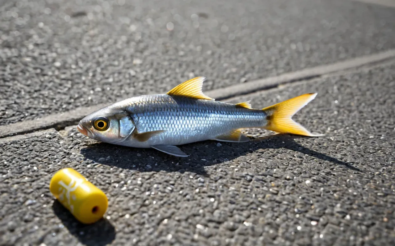 A close up photo of a small silver fish stuck to a piece of yellow chewing gum on gray concrete pavement. Bright midday sunlight creates sharp shadows. The scene is isolated and static with no other objects visible.