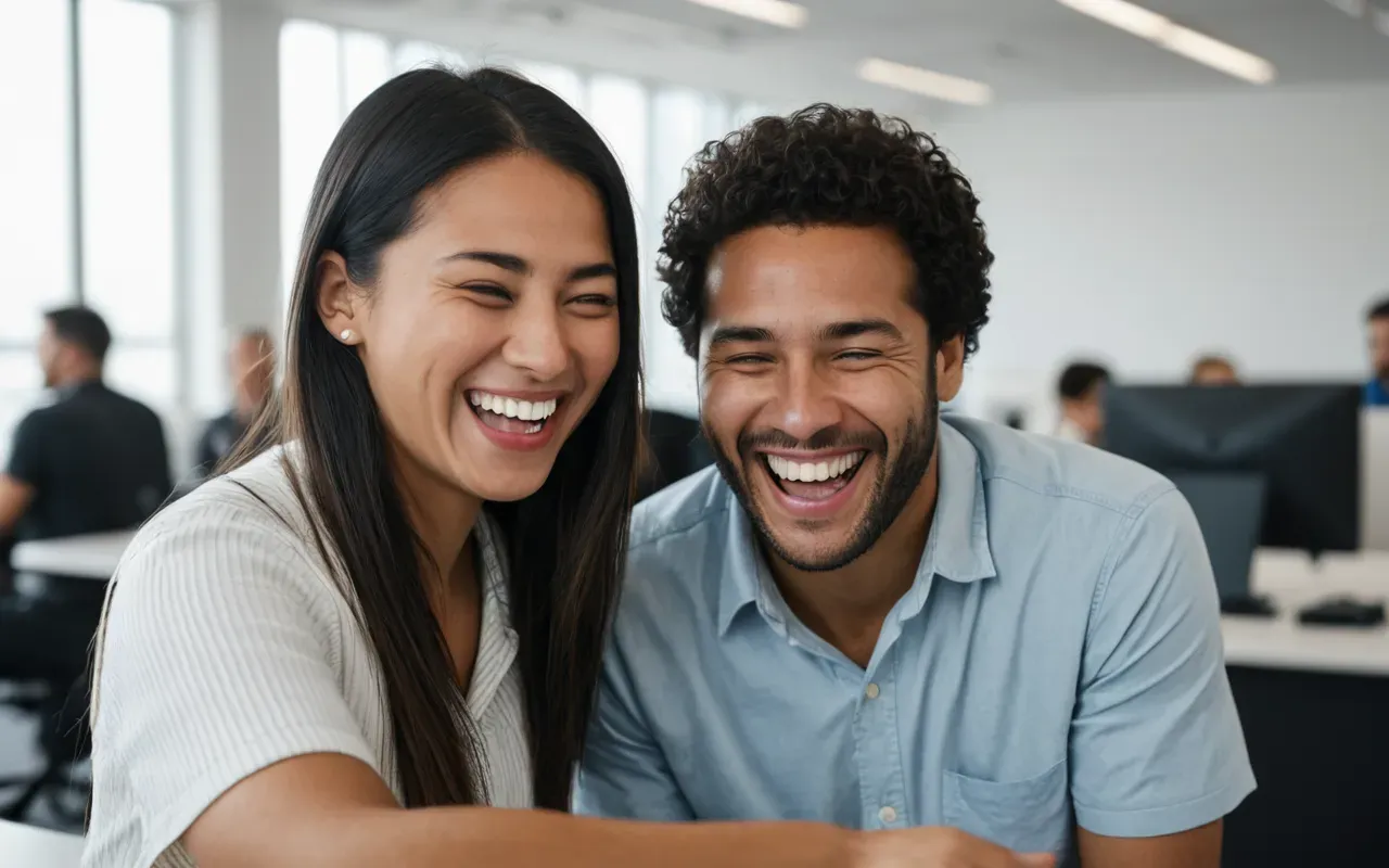 laughing together social bond A close up photo of two people laughing in a bright office space. One person points at the other with a playful expression.