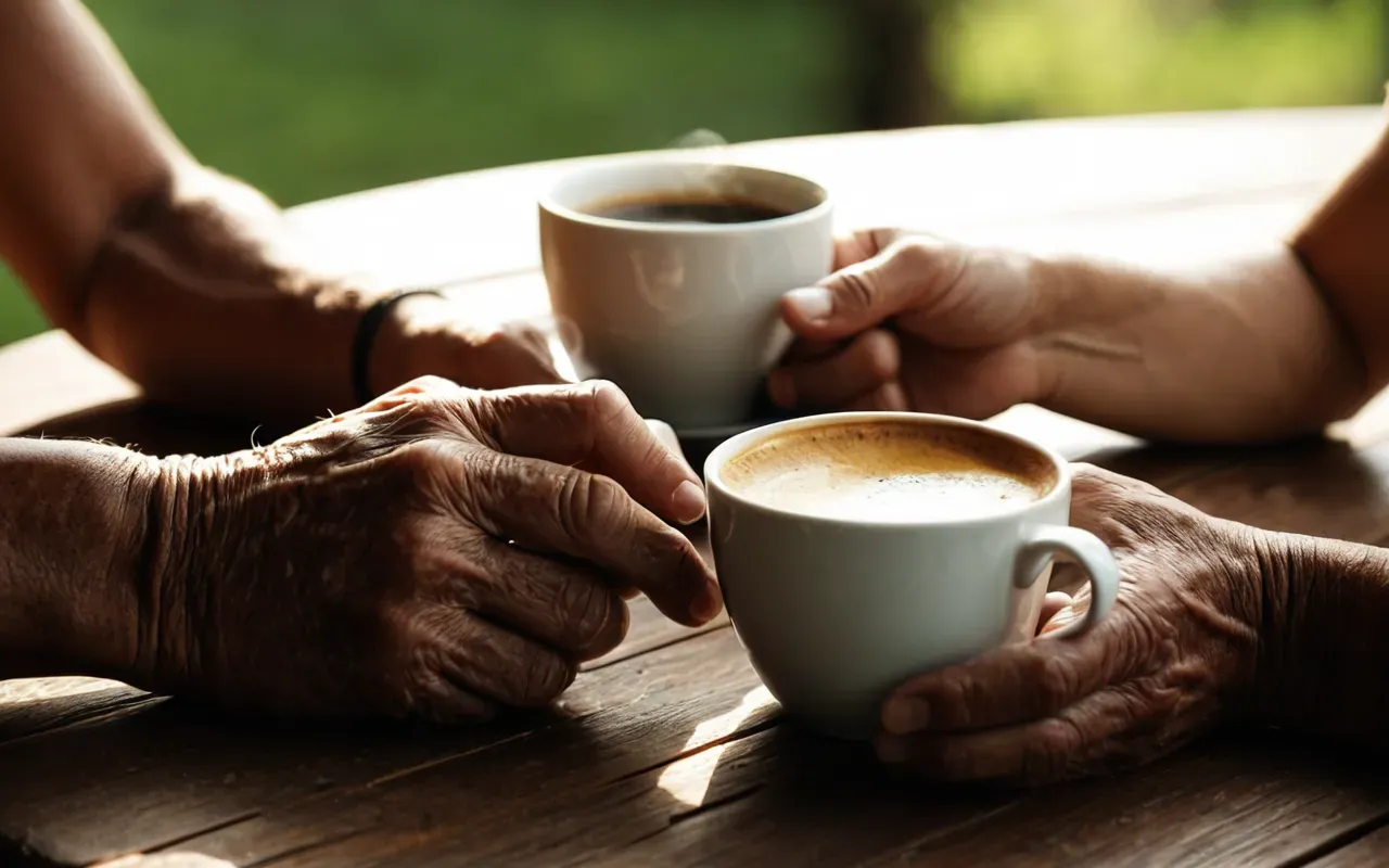 A close-up shot of two pairs of wrinkled hands holding a cup of coffee together on a wooden table in warm sunlight. The background is softly blurred with green indoor plants visible. No text or logos are present.